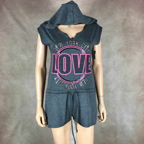 Material Girl Active Charcoal Gray NEW YORK CITY Hooded Romper NWT XS - Picture 2 of 8